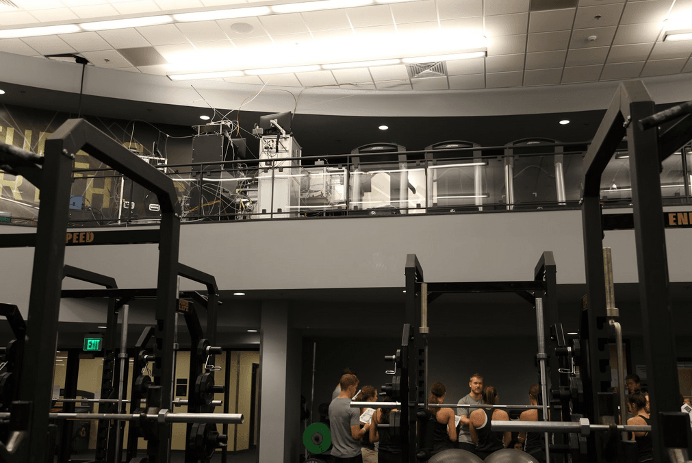 STATE-OF-THE-ART CHEMISTRY EQUIPMENT SITS ATOP THE DAL WARD ATHLETIC CENTER WEIGHT ROOM. 