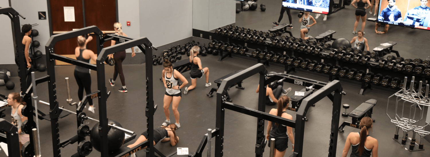 Female athletes work out in a gym