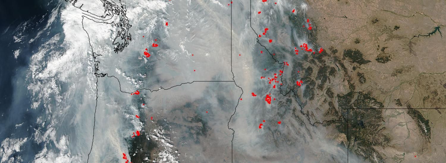 Image of the Suomi NPP satellite's Visible Infrared Imaging Radiometer Suite (VIIRS) instrument's view of the smoke obscuring much of the Pacific Northwest on September 05, 2017. Actively burning areas detected by VIIRS are outlined in red.