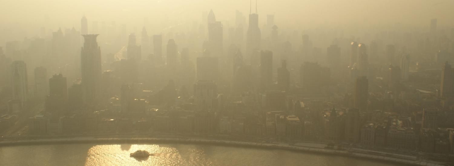 Smog over a city skyline. 