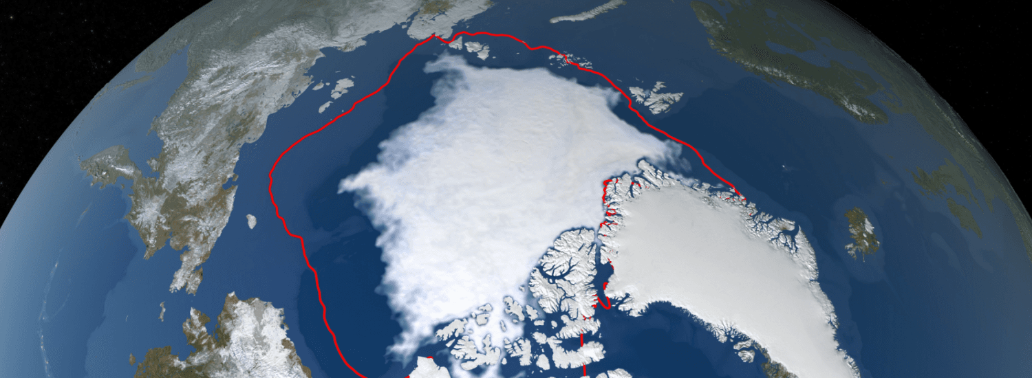 Northern pole showing lesser sea ice extent than previous years.