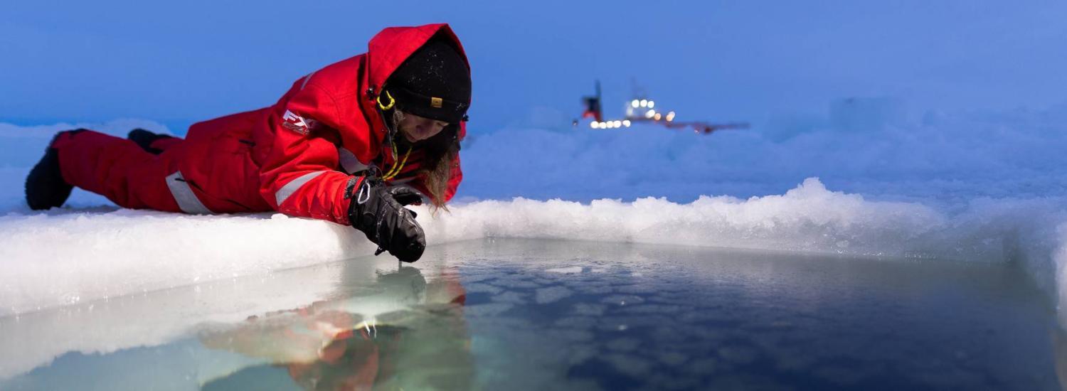 A woman dressed in heavily insulated gear lies on her stomach on the ice, looking into a pool of water. There is an icebreaker ship lit with electric lights far off in the distance.