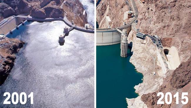 Aerial images of Lake Mead show the dramatic decline in water levels (~143 feet) from 2001 to 2015. Image from the National Park Service