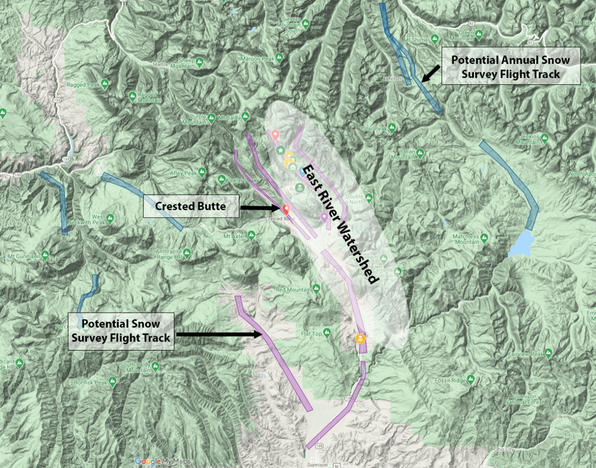 Topographic map of the East River Watershed region with pink and blue flight tracks