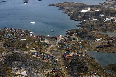 Aerial view of a small coastal town