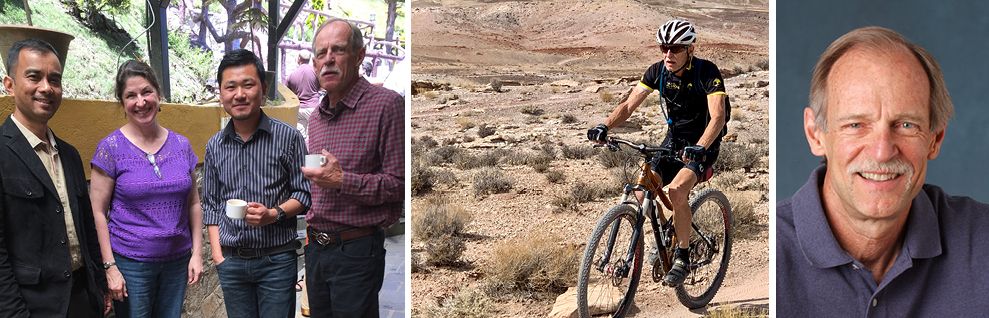 three images of Richard Armstrong: meeting with others, biking, mug shot
