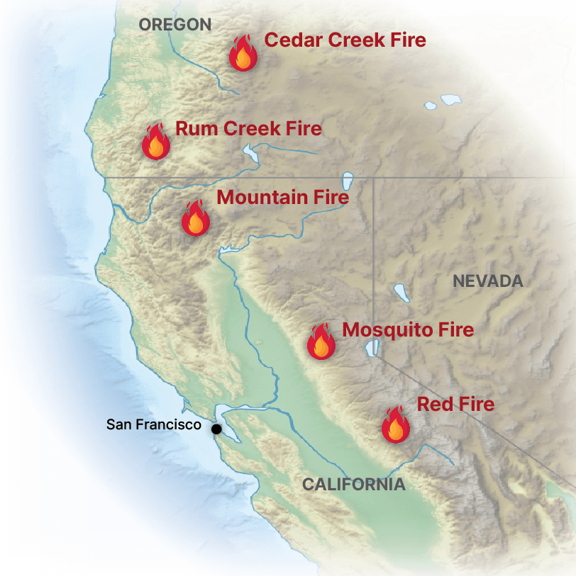 A map of the locations of the five California and Oregon wildfires studied during the 2022 CalFiDE campaign.