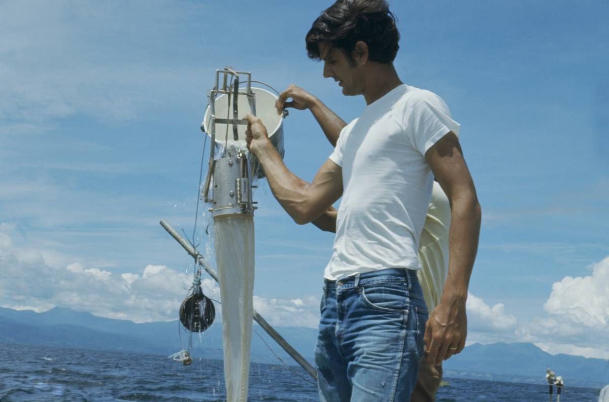 Dr. Lewis capturing zooplankton in Lake Lanao, Philippines in 1970.