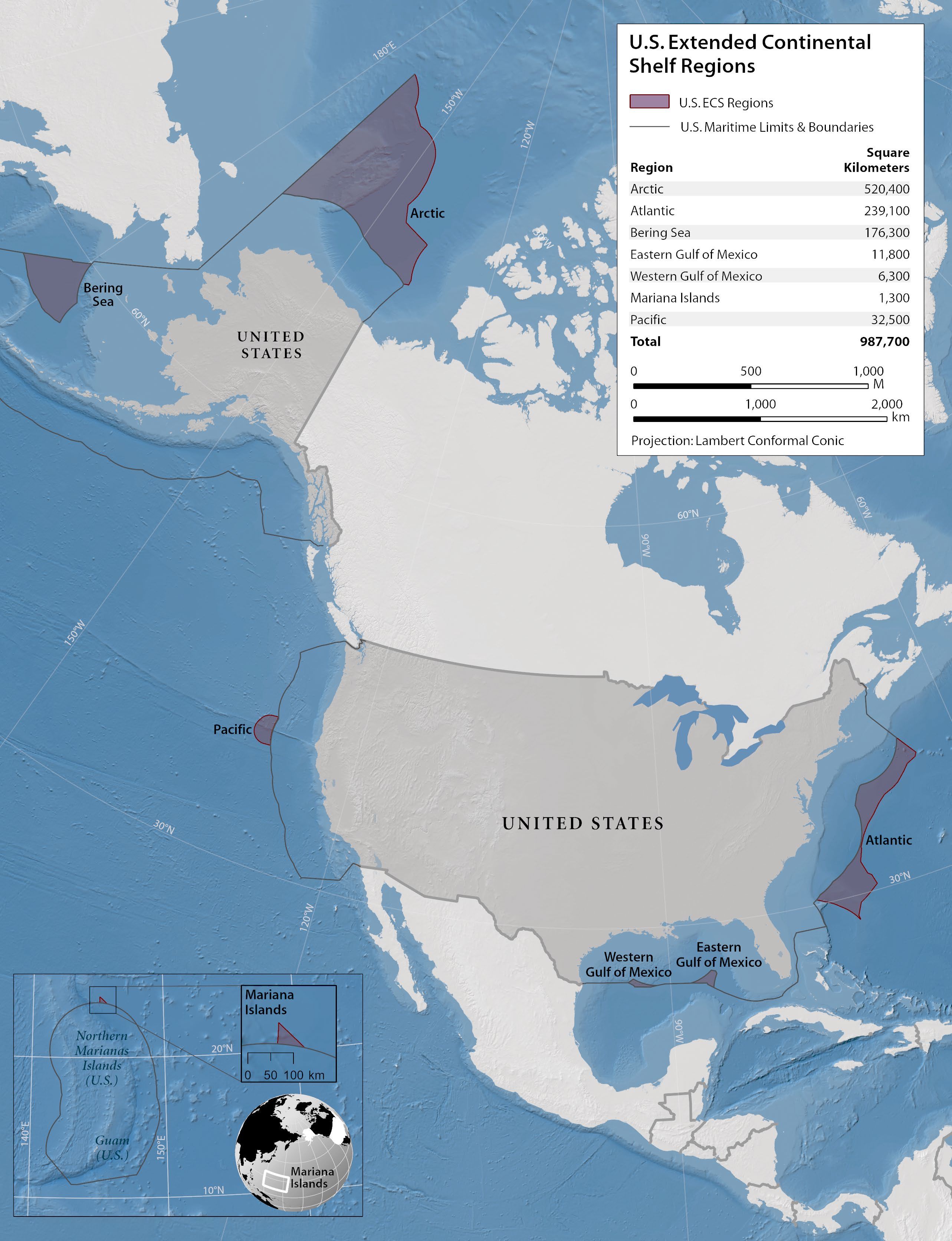 A map showing the newly defined boundaries of the U.S. extended continental shelf. U.S. extended continental shelf exists in seven regions in the Bering Sea, the Arctic, Pacific and Atlantic oceans, and the Gulf of Mexico.