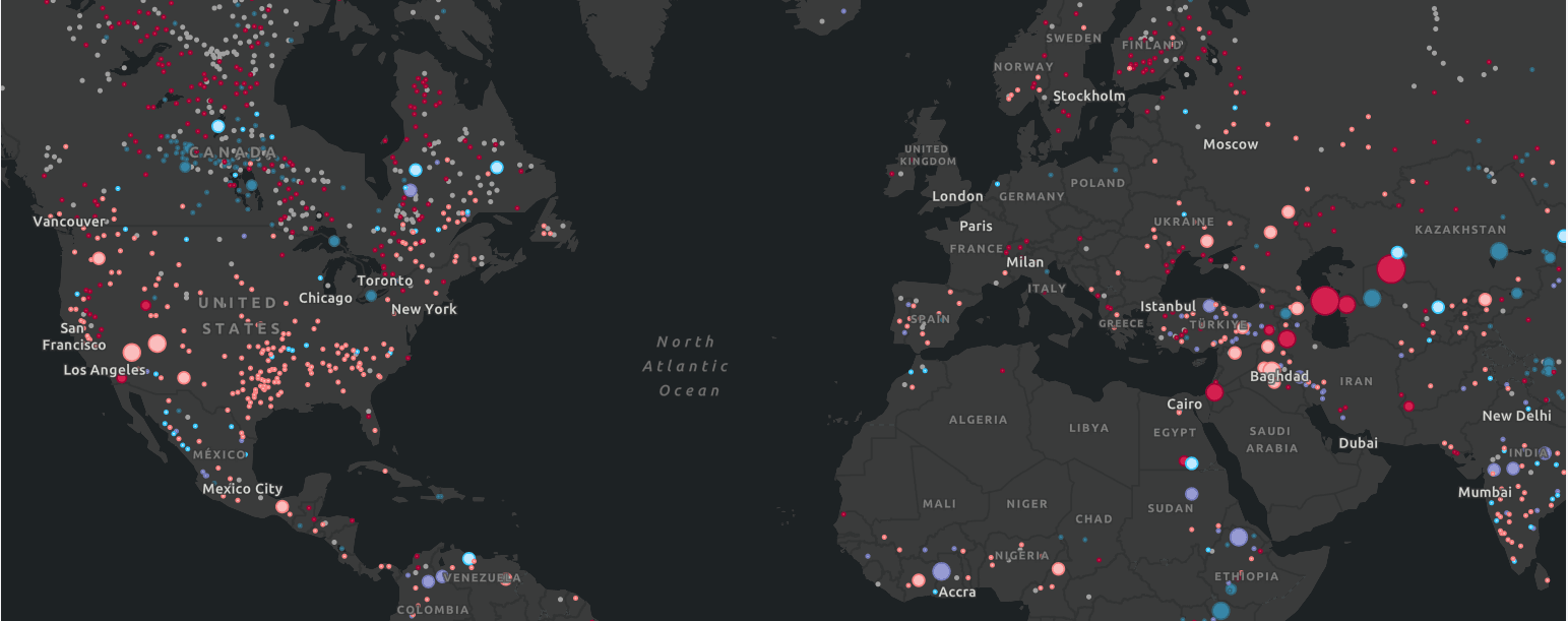 red and blue dots of various sizes on a global map indicate lakes that are drying vs. growing