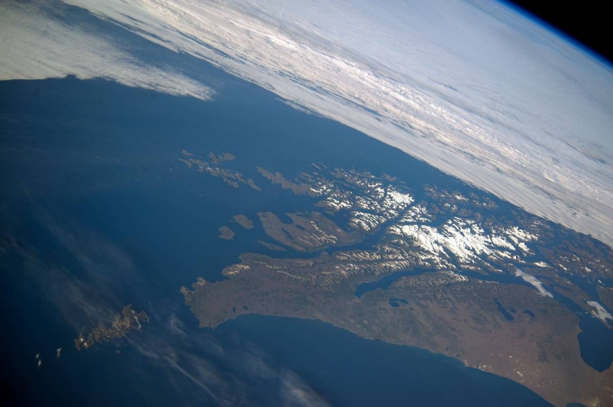 A panoramic image that shows parts of Chile and Argentina from space.