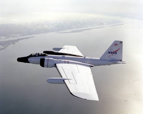 The NASA WB-57 high-altitude research aircraft in flight.