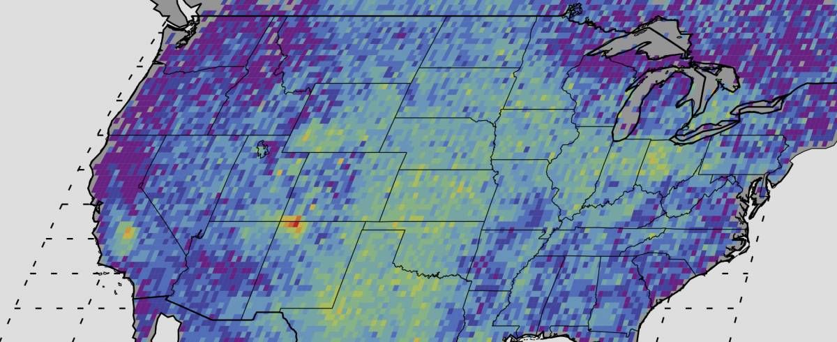 Methane levels across the US. The Central and Midwest US exhibits higher levels than the West and East Coasts.