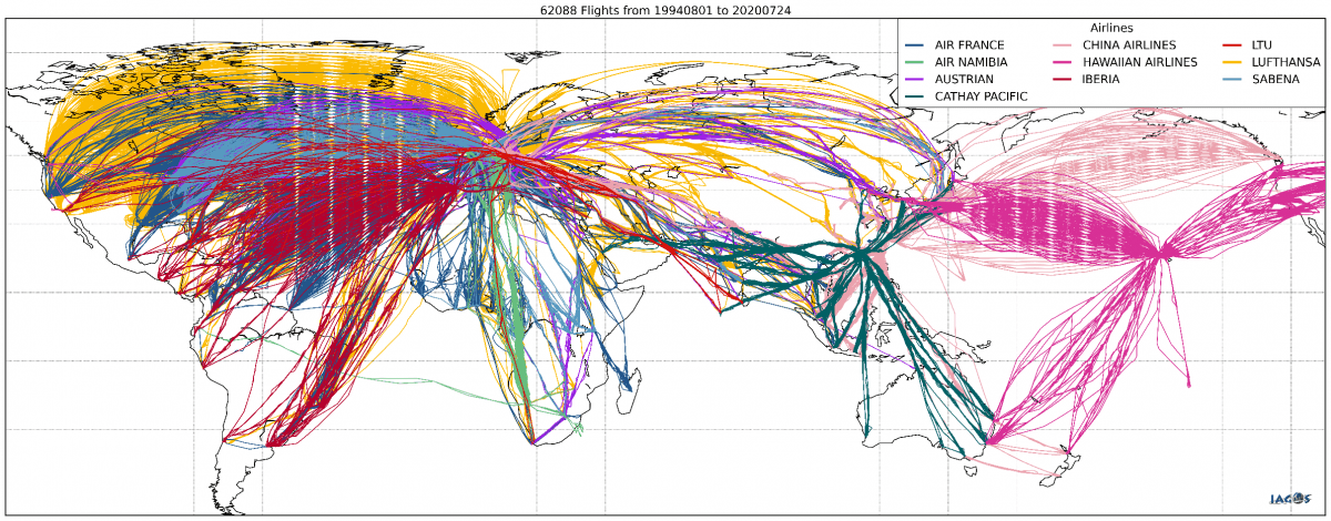 Hundreds of flight paths over a global map. Most Flights are visible over North America and Europe.