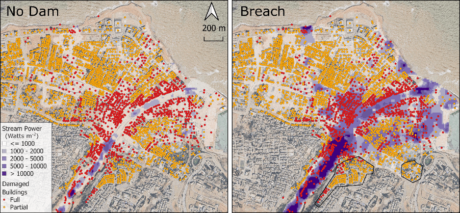 Hydrologic models help visually demonstrate the damage in Derna with and without the dam. With the dam saw much more damage. 