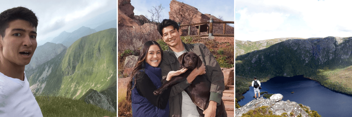 Three images. Left: A person with a shocked face standing in front of a green, mountainous overlook. Middle: Two people pose with a brown puppy. Right: A person stands at a cliff overlooking mountains and a mountain lake.