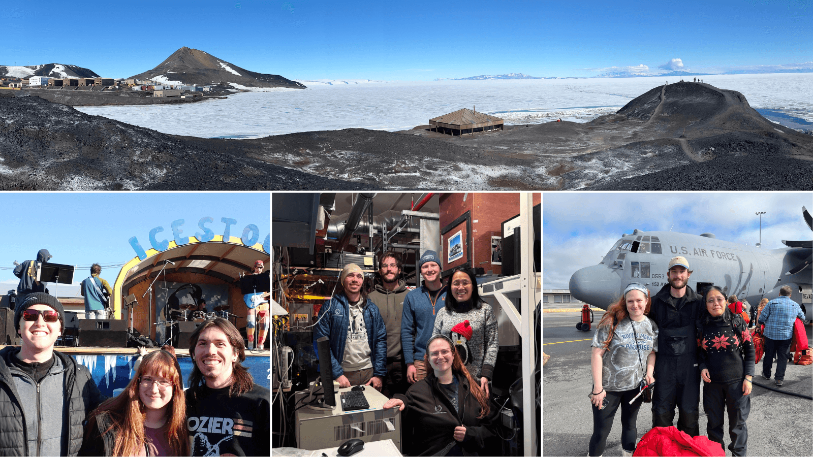Four images. Top: A dark, rocky shoreline and icy water. Bottom left: three people smiling in front of a stage. Bottom middle: five people posting together near equipment in a lab. Bottom right: Three people post in front of an airplane.