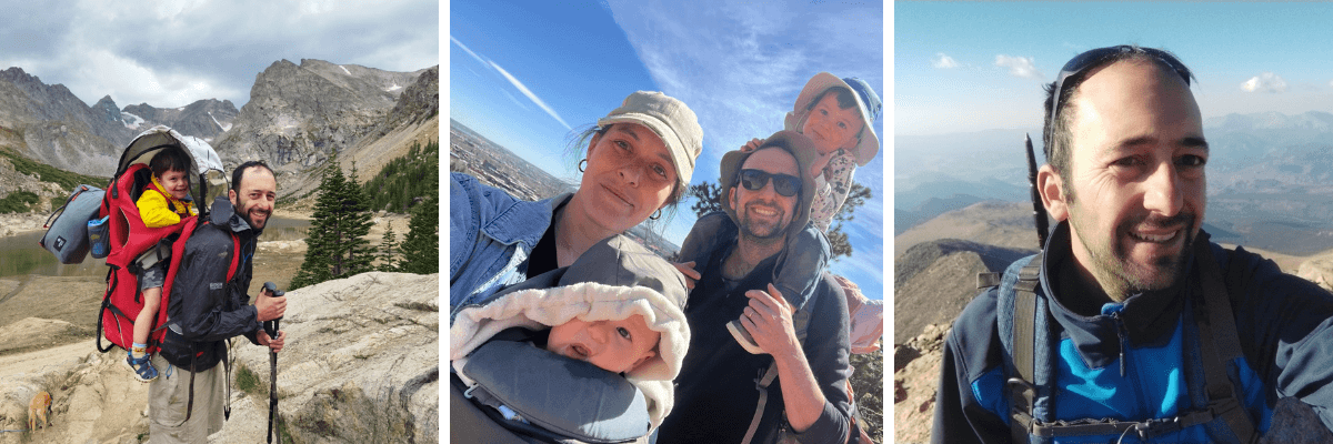 Three photos. Left: A person in hiking gear carries a child in a red carrier. Middle: Two parents and two children take a photo on a hike. Right: A person takes a selfie on a summit.