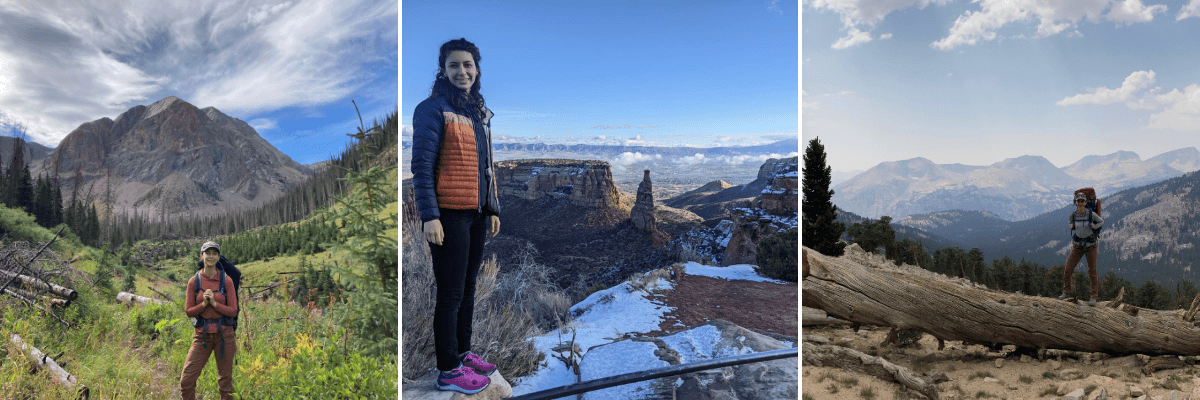 Three images. Left: A person with hiking clothing and gear poses in front of high mountains. Middle. A person in a multi-color jacket poses at an overlook into a canyon. Right: A person in backpacking gear poses next to a fallen tree with high mountains in the background.