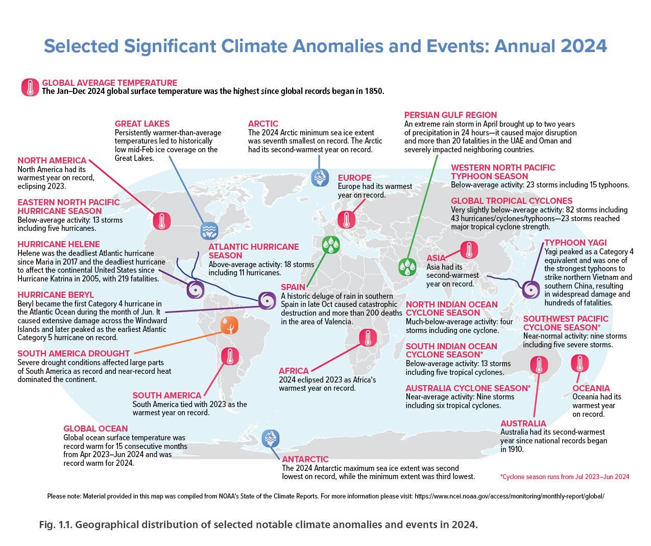 Map of notable climate anomalies in 2024 across the globe.
