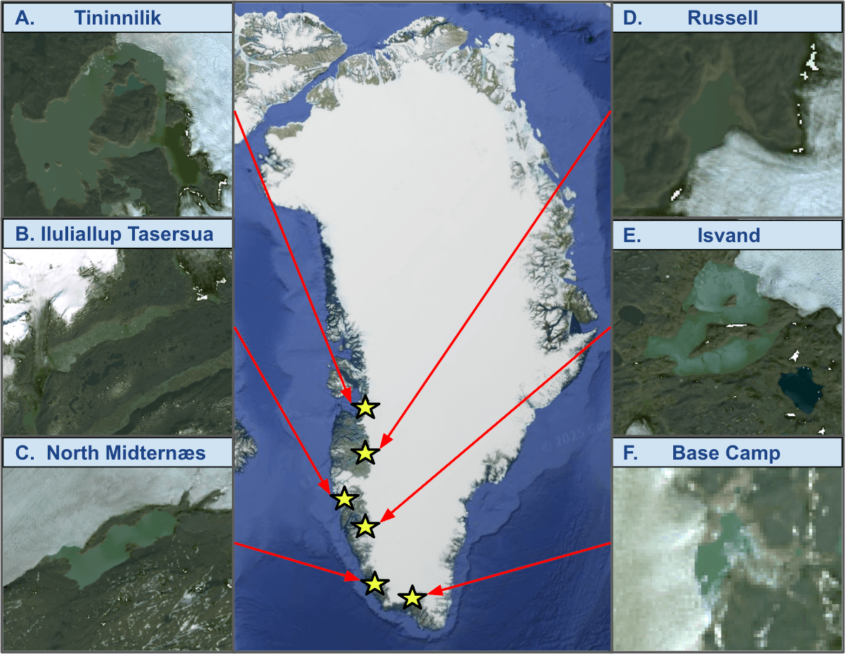 Satellite imagery of ice-marginal lakes in Greenland. 