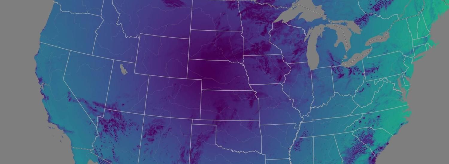beautifully colored purple-blue-green image of weather patterns across the US