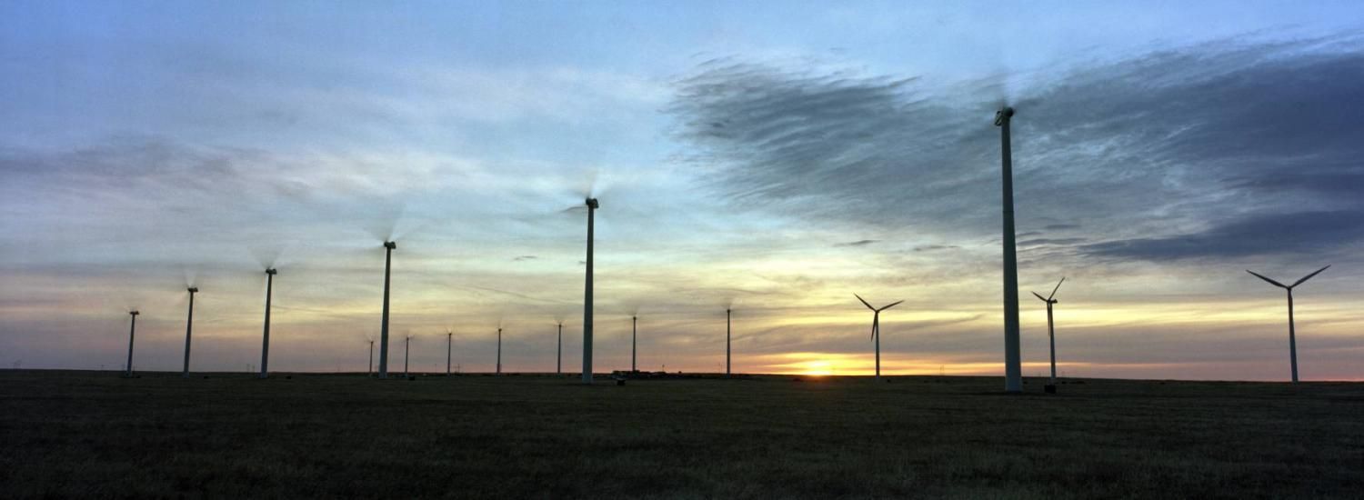 High exposure shot of windmills at dusk. 
