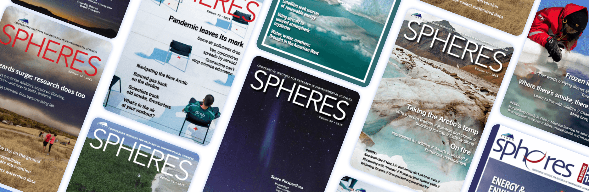 Spheres Magazine front pages cascading