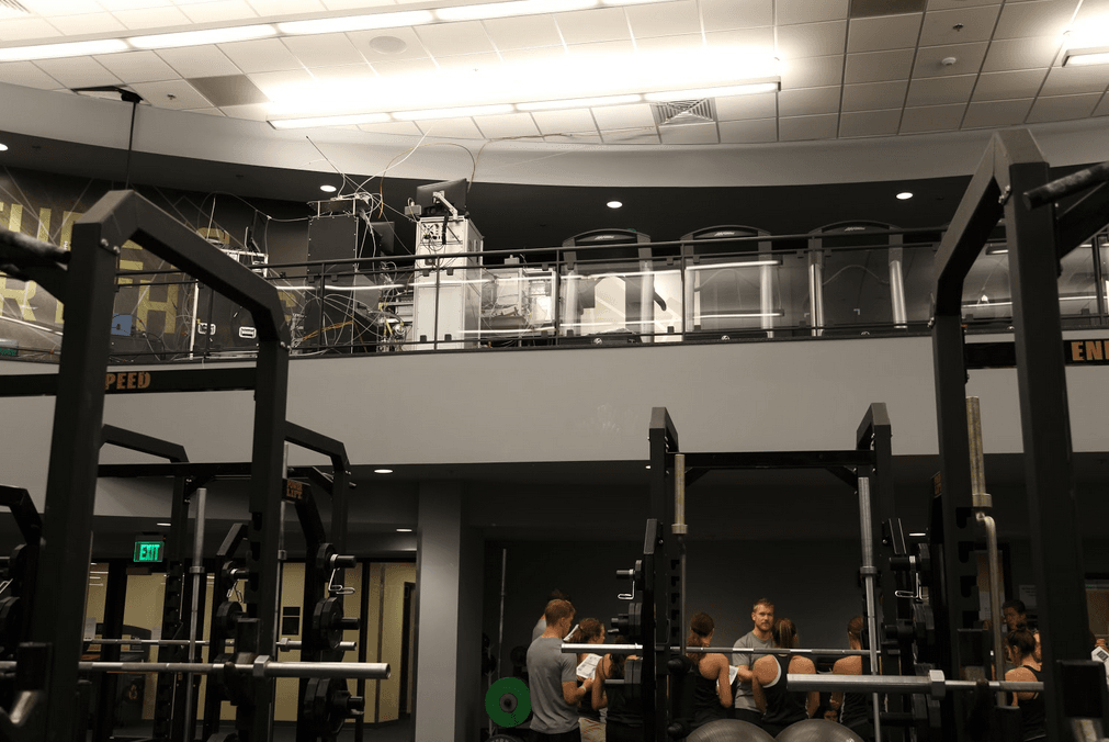 STATE-OF-THE-ART CHEMISTRY EQUIPMENT SITS ATOP THE DAL WARD ATHLETIC CENTER WEIGHT ROOM.