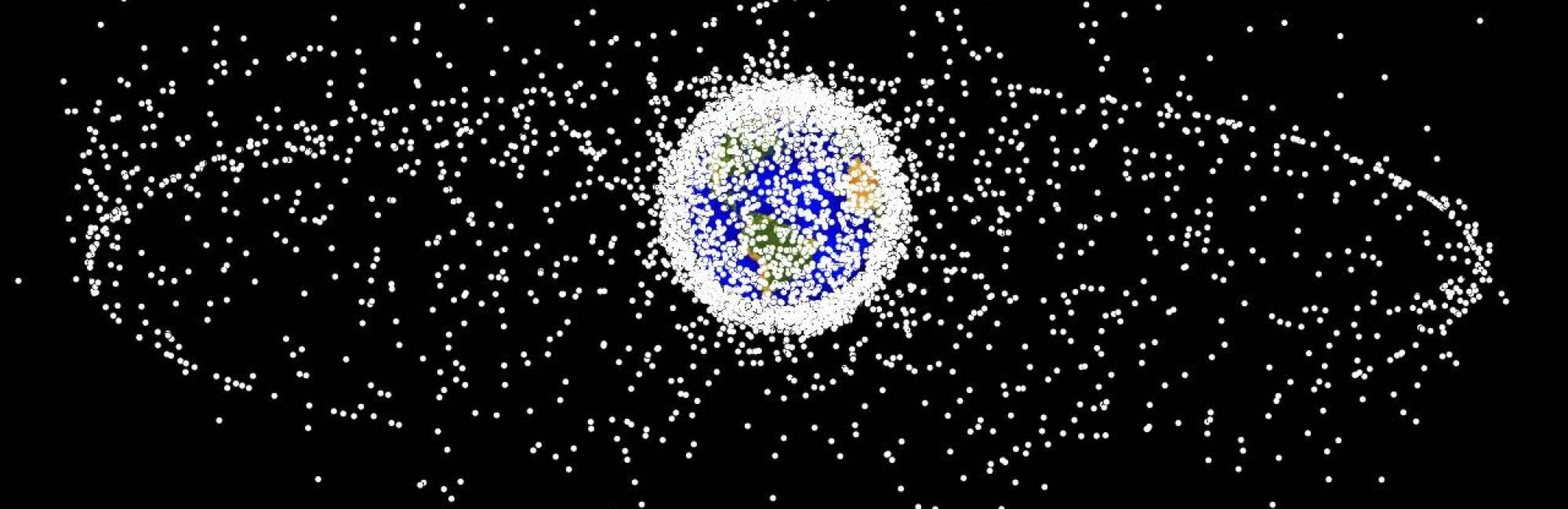 A computer-generated image representing space debris as could be seen from high Earth orbit.