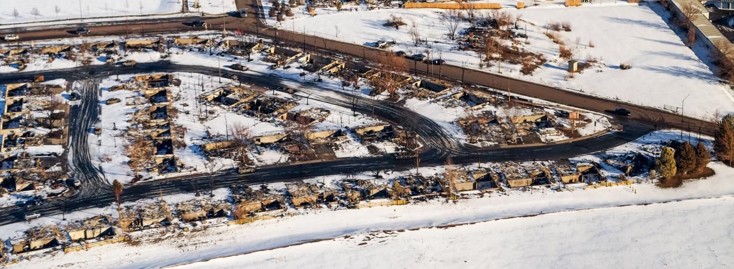 Reminents of homes burned to the ground following the 2021 Marshall Fire in Colorado