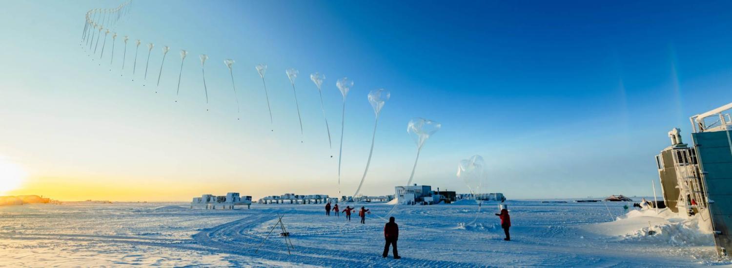 Timelapse photo of a NOAA ozonezonde, an instrument used to monitor the Antarctic ozone hole, is released by scientists and carried aloft over the South Pole on a weather balloon.