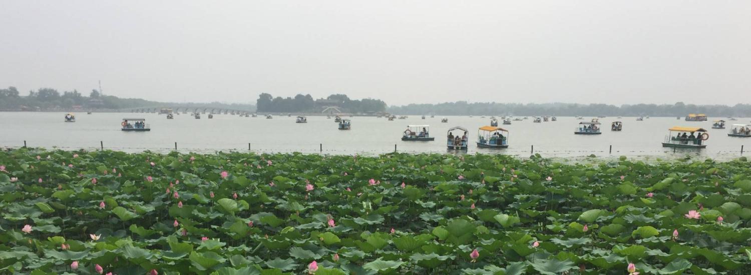Boats on Kunming Lake in northwest Beijing, China. 