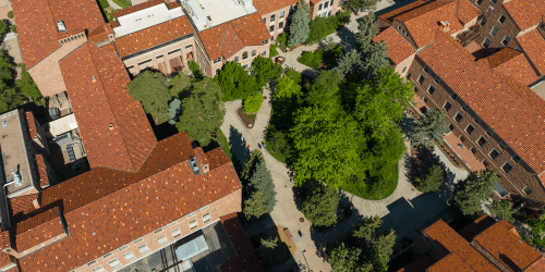 aerial view of CU campus buildings