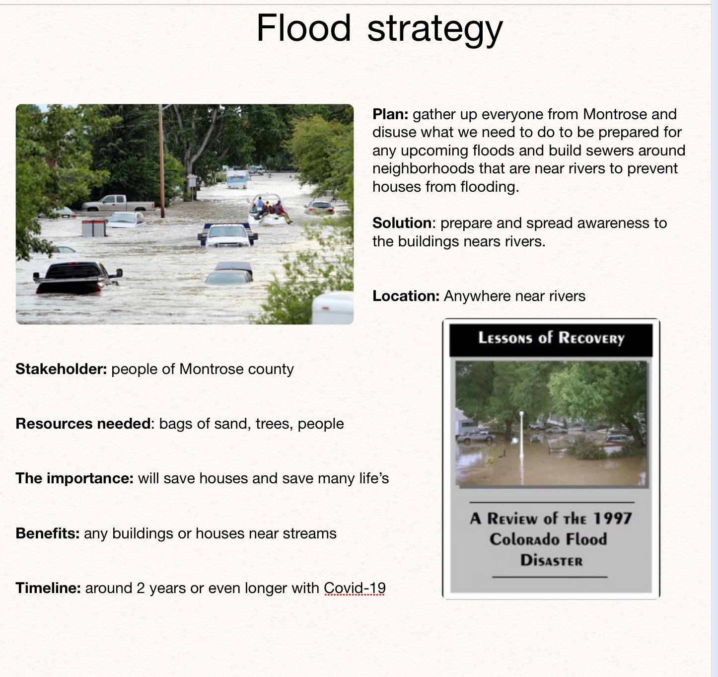 Flood Strategy description and flood images of Colorado roads 