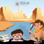 Cartoon graphic of a young girl and boy with a magnifying glass and books and the text "BE A WATER HISTORIAN! Created for ages 13 and up"