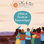 Cartoon graphic of young people embracing with a speech bubble that says "¡Obtén el Parche de Somos el Agua!" and the Somos el agua logo