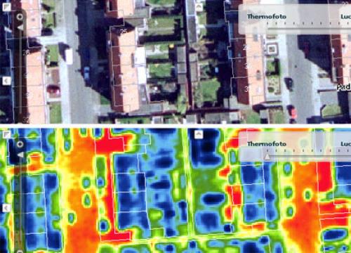 A satellite image is shown over the same image in infrared, showing that the paved sidewalks and roads retain more heat than homes and vegetation.