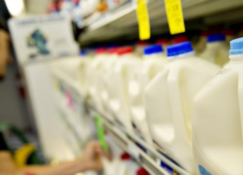 A grocer checks milk on a shelf at a grocery store.