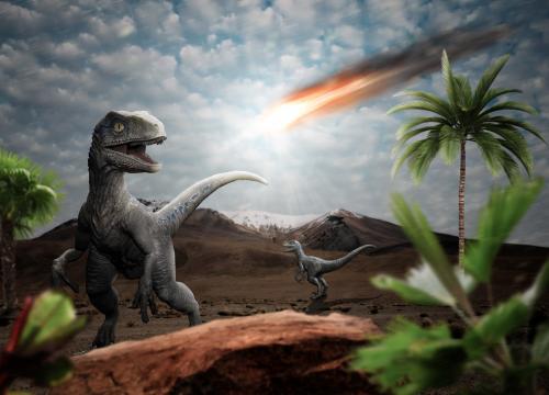 Dinosaurs looking at asteroid