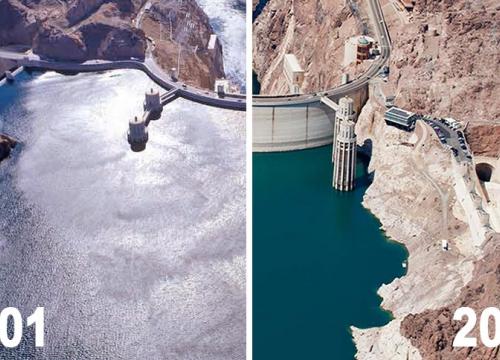 Aerial images of Lake Mead show the dramatic decline in water levels (~143 feet) from 2001 to 2015. Image from the National Park Service