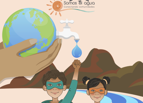 Cartoon graphic of a young girl and boy dressed as superheros and the text "¡SÉ UN HÉROE DEL ECOSISTEMA DEL AGUA! Combate la contaminación del agua jugando en equipo y sal de casa para Buscar un Polinizador"