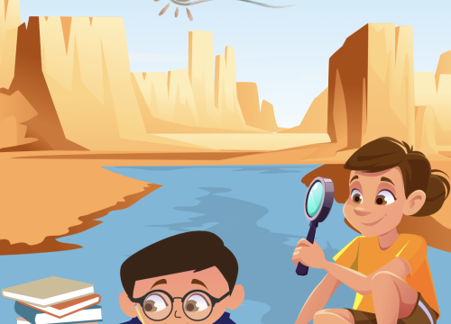 Cartoon graphic of a young girl and boy with a magnifying glass and books and the text "Sé un/a Historiador/a del Agua Creado para niños y adolescentes de 13 años en adelante"