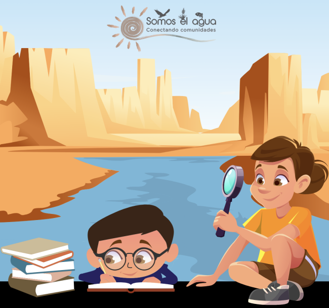 Cartoon graphic of a young girl and boy with a magnifying glass and books and the text "Sé un/a Historiador/a del Agua Creado para niños y adolescentes de 13 años en adelante"