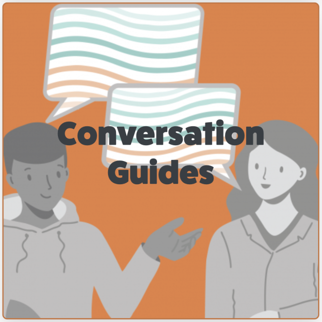 Cartoon graphic of two people talking and the text "Conversation Guides"