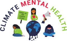 Image of globe and activists with the text Climate and Mental Health 