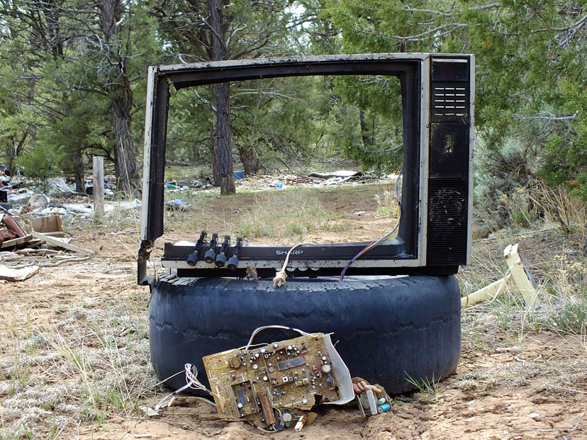 Hollow television set showing woodland behind. This discarded TV in front of trash shows illegal dumping which is a common issue. 