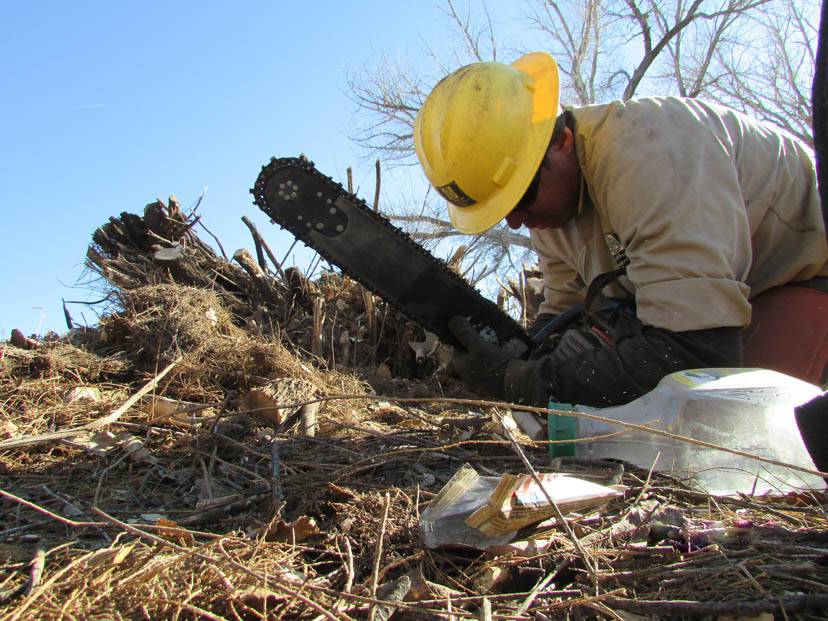 Man cutting a log with a saw, surrounded by plastic trash. 