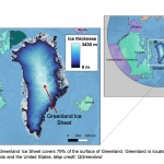 The Greenland Ice Sheet covers 79% of the surface of Greenland. Greenland is located north of Canada and the United States. Map credit: QGreenland