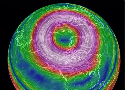 A spherical model of the globe showing a strong polar vortex wind pattern.